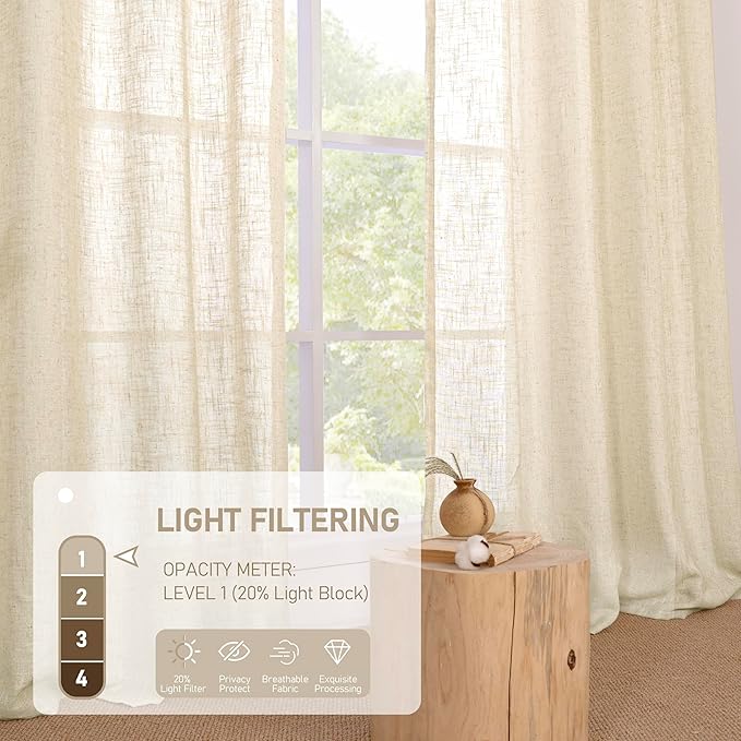 LAMIT Linen Curtains 63 inches Long for Bedroom, Bronze Grommet Linen Drapes Light Filtering Sheer Window Curtains for Living Room, Set of 2 Panels (38 x 63 Inch, Beige)