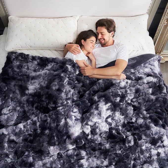 Cozy Bliss Faux Fur Throw Blanket for Couch, Fuzzy Soft Plush Thick Bubble Blanket for Sofa Bedroom Living Room, 108 * 90 Inches Tie Dye Black
