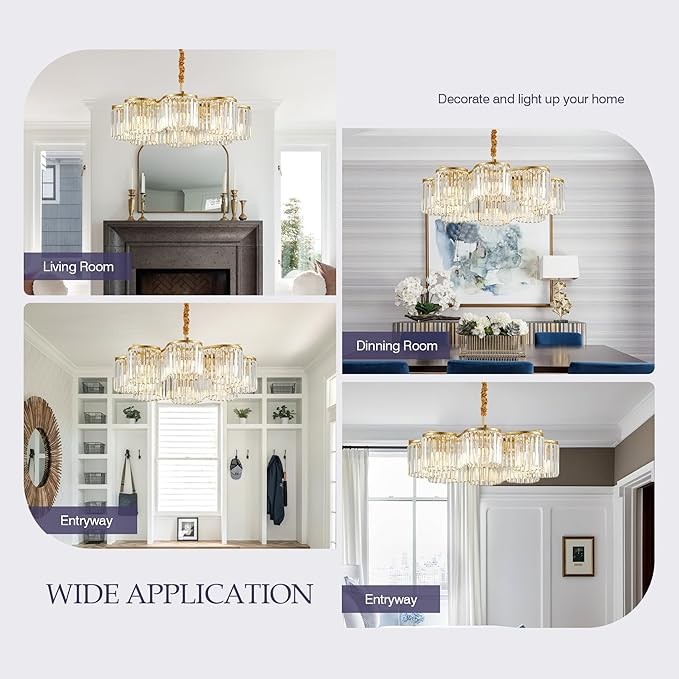 30.3“ Gold Semi Flush Mount Ceiling Light Fixtures, 8-Light Gold Modern Crystal Chandelier Height Adjustable Pendant Lighting for Bedroom Entryway Hallway Kitchen Island Living Room Foyer