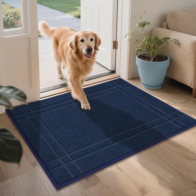 JSEI Entryway Rugs Doormat 32"x48", Non-Slip Dirt Trapper Door Mats Indoor, Washable Absorbent and Stain Resist Welcome Floor Mat for Front Door, Dog Door Mat, Muddy Wet Shoes & Paws, Navy Blue