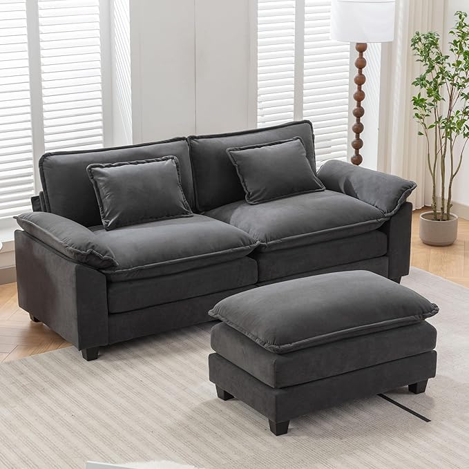 URRED Modular Sectional Sofa Comfy Cloud Couch, Modern Velvet Sofa Sleeper Deep Seat Couches with Ottoman/Pillows for Living Room (Dark Gray, 82.6''- L Shape)