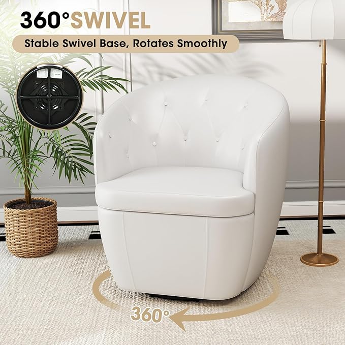 360° Swivel Leather Accent Chair, Modern Barrel Club Chair with Leather Upholstery and Sturdy Base, Comfortable Armchair for Living Room, Bedroom, Reading Nook, White