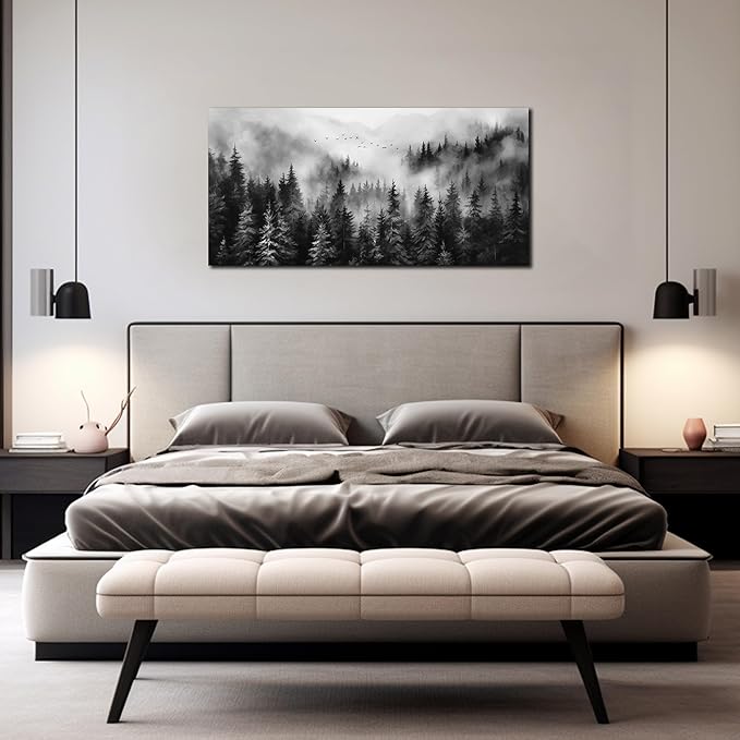 Foggy Forest Wall Art for Living Room,Black and White Pictures for Wall,Tree Wall Decor for Bedroom 20 x 40 Inch