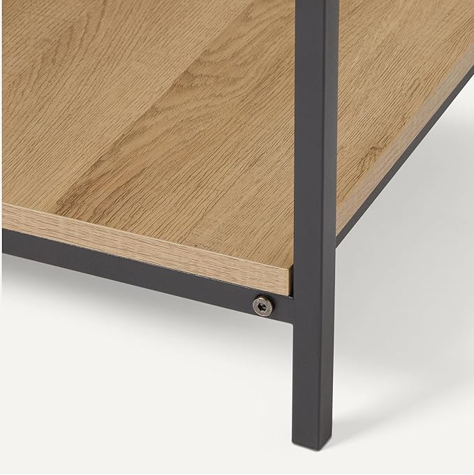 Amazon Basics - End Table with Bottom Shelf, Living Room Side Table, Steel Frame, Wooden Oak