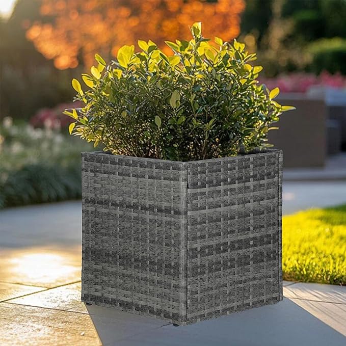 LEWIS&WAYNE Large Square Planter Box Handmade Wicker Tall Planters for Outdoor Plants with Removable Liners Modern Planter for Indoor Outdoor Garden Patio Front Porch - Gray, 17''x17''x18''