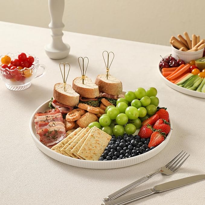 3 Packs Serving Platters, Large Serving Tray, Round Platters for Serving Food, Food Tray for Veggie Fruit Snack Dessert Cheese, White Ceramic Serving Trays for Party, Entertaining, 12.8”/10.8”/8.8”