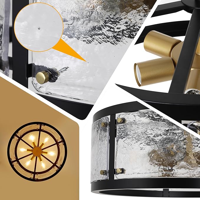 23.6" Large Farmhouse Drum Black Chandelier, 6-Light Vintage Round Glass Chandeliers for Dining Room, Industrial Light Fixture for Kitchen Living Room Stairwell, Clear Waterglass Drum Shade