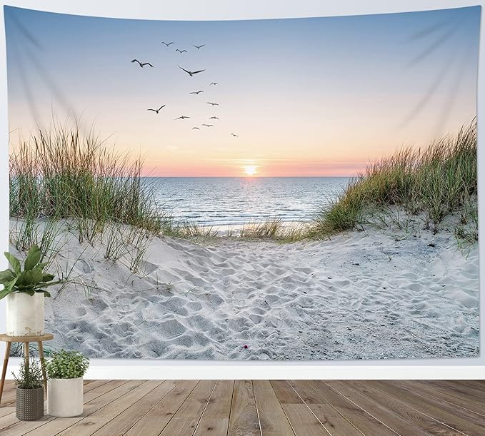 HVEST Ocean Beach Tapestry Wall Hanging, Sunset Seabird and Beach with Grass, Natural Landscape for Bedroom, Living Room, Dorm Decoration, 92.5x70.9 Inches
