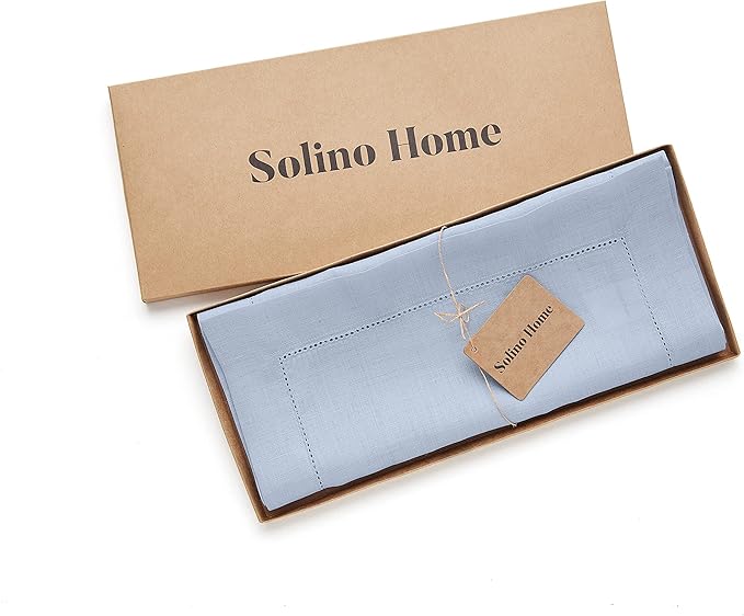 Solino Home Linen Sky Blue Table Runner 72 Inches Long - 100% Pure Linen Hemstitch Table Runner 14 x 72 Inch for Dresser, Dining - Classic Hemstitch