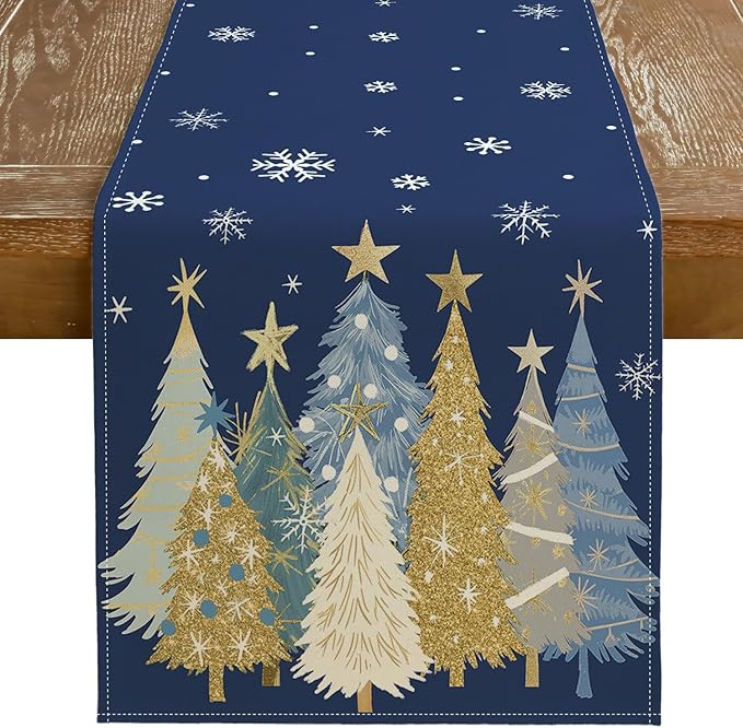 GEEORY Christmas Table Runner 13x90 Inch, Xmas Trees Snowflakes Holiday Decorative Farmhouse Table Decoration for Kitchen Dinning, Indoor Outdoor Dinner Party Decor (Blue) GT151-90