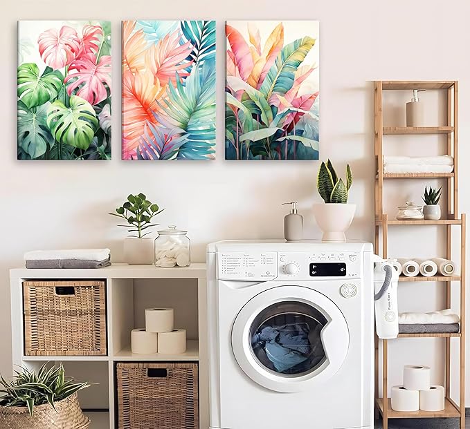 3pcs Framed Tropical Botanical Canvas Wall Art Monstera Leaves Posters Botanical Prints Bohemian style Wall Decor Pictures Palm Leaves Paintings for Bathroom living room Decoration