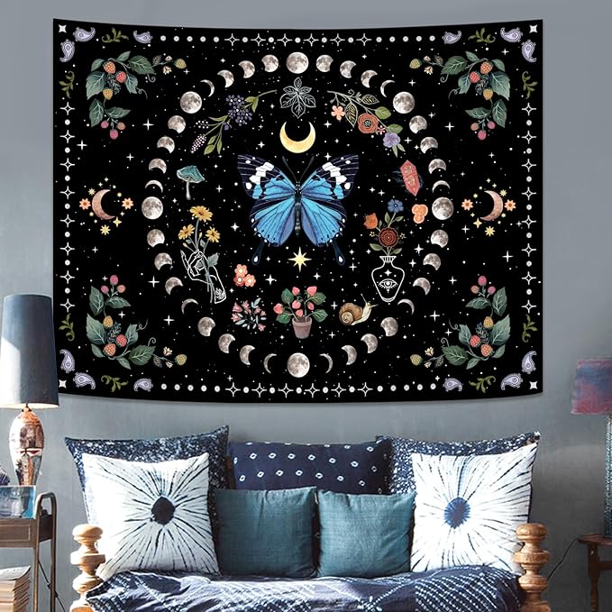 Aipon Blue Butterfly Moon Flower Tapestry Botanical Boho Plant Floral Wall Hanging for Bedroom and Living Room (36.00'' 48.00'', Blue)