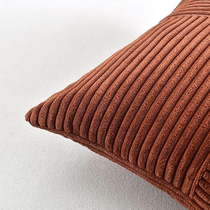 Fancy Homi 2 Packs Rust Lumbar Decorative Throw Pillow Covers 14x24 Inch for Couch Bed Sofa, Rustic Farmhouse Boho Home Decor, Soft Striped Corduroy Rectangle Accent Terracotta Cushion Case 35x60 cm