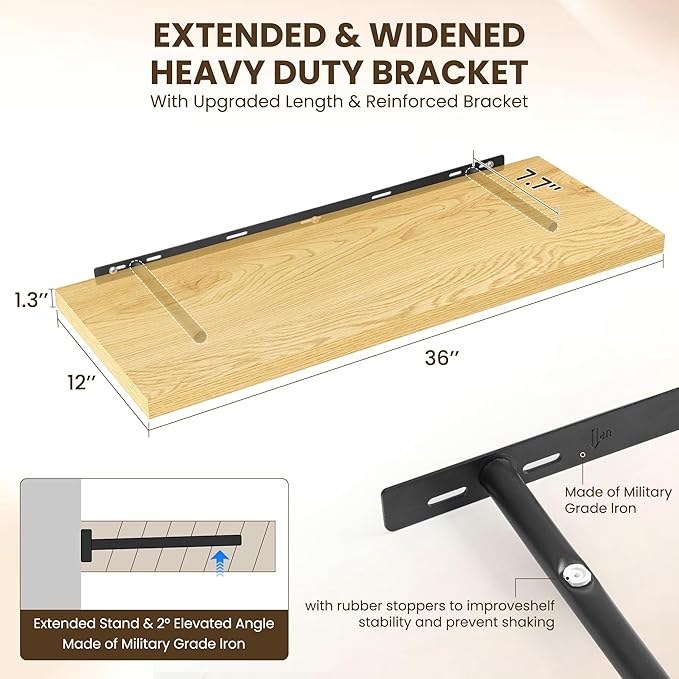 36" Floating Shelves for Wall, 12" Deep Slim Oak Floating Shelves, Wall-Mounted Shelves for Bedroom, Living Room, Kitchen, Bathroom - Set of 2