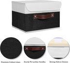 ANMINY Storage Boxes with Lids Washable Decorative Storage Bins Basket with PU Leather Handle Foldable Linen Fabric Storage Cubes Containers for Home Closet Organizer - Black White, Small Size