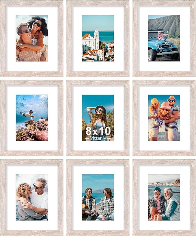 Vittanly 8x10 Picture Frames Set of 9, Shatter Resistant Plexiglass, Display 5x7 Pictures with Mat or 8x10 without Mat, Photo Frames for Wall or Tabletop, Engineered Wood, Rustic Pink