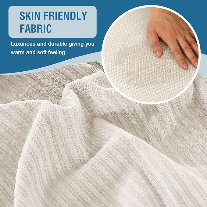 H.VERSAILTEX Velvet Stretch Sectional Couch Covers 3 Pieces, L Shape, Ivory Striped (Large Sofa 2 Seater + 1 Chaise)