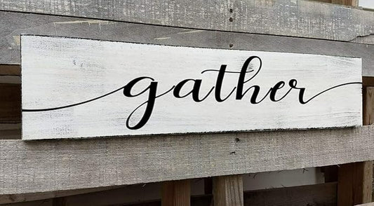 Gather Signs for Home Decor White, Rustic Farmhouse Dining Room Decor Wood Wall Hanging Plaque Gather Wall Decor for Living Room Kitchen Signs 6x18 Inch