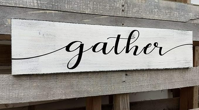 Gather Signs for Home Decor White, Rustic Farmhouse Dining Room Decor Wood Wall Hanging Plaque Gather Wall Decor for Living Room Kitchen Signs 4x16 Inch