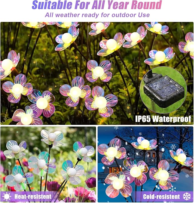 Solar Garden Lights Outdoor, New Upgraded 4-Pack Firefly Solar Lights with Iridescent Petals & Warm White Glow - Waterproof Wind-Swaying Decor for Yard, Patio