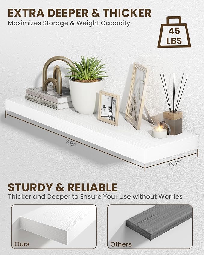 Marsmiles 36" Floating Shelves for Wall, Wooden Shelves with Invisible Brackets Set of 2, Rustic Farmhouse Wall Mounted Shelf for Kitchen Bathroom Living Room Study, White