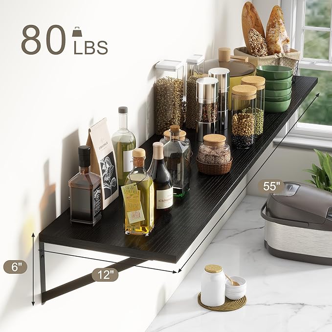 Fun Memories Deep Floating Shelves, 55W x 12D Floating Shelves for Wall, Wood Black Floating Shelf with Bracket, Wide Display & Storage Wall Shelves for Living Room, Bedroom,