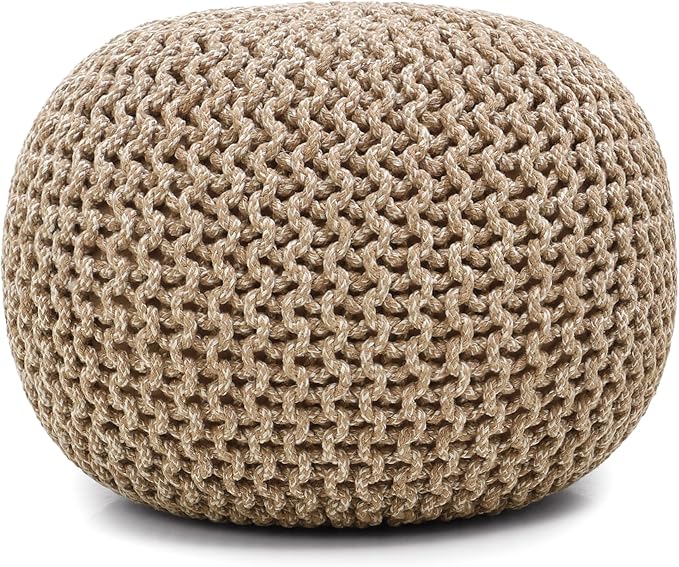 REDEARTH Round Pouf Ottoman - Hand Knitted Cable Boho Poof Home Décor Pouffe Circular Footrest for Living Room - Nursery - Bedroom - Lounge 100% Cotton (18”x18”x14”) - Beige Ivory