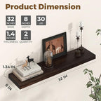 Axeman Floating Shelves for Wall - 32''W x 8'' D Rustic Solid Elm Wood Shelves for Storage, Wall Mounted Display Shelving with Invisible Heavy-Duty Metal Bracket (Walnut, 2PCs)