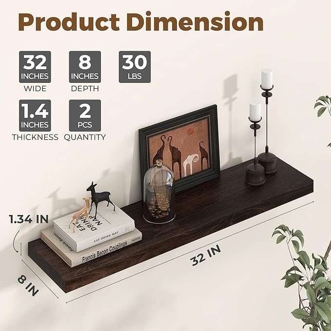 Axeman Floating Shelves for Wall - 32''W x 8'' D Rustic Solid Elm Wood Shelves for Storage, Wall Mounted Display Shelving with Invisible Heavy-Duty Metal Bracket (Walnut, 2PCs)
