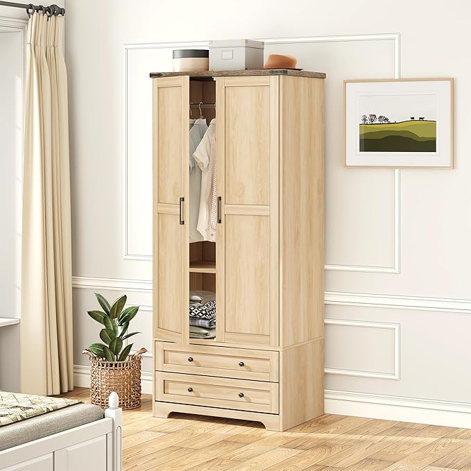 Brafab Wooden Armoire Wardrobe Closet with 2 Modern Doors, 71" Tall Freestanding Closet Wardrobe Cabinet with Drawers and Hanging Rail, Storage Cabinet with Shelve for Bedroom (Natural, 2 Doors)