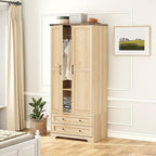 Brafab Wooden Armoire Wardrobe Closet with 2 Modern Doors, 71" Tall Freestanding Closet Wardrobe Cabinet with Drawers and Hanging Rail, Storage Cabinet with Shelve for Bedroom (Natural, 2 Doors)