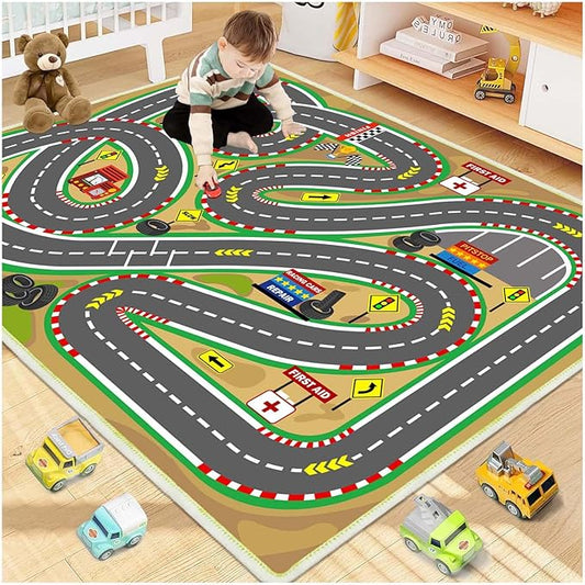 Kids Rug Play mat Playroom Rugs Car Rugs for Kids Toy Cars Race Track for Classroom Rug (Race-Brown, 4x6ft)