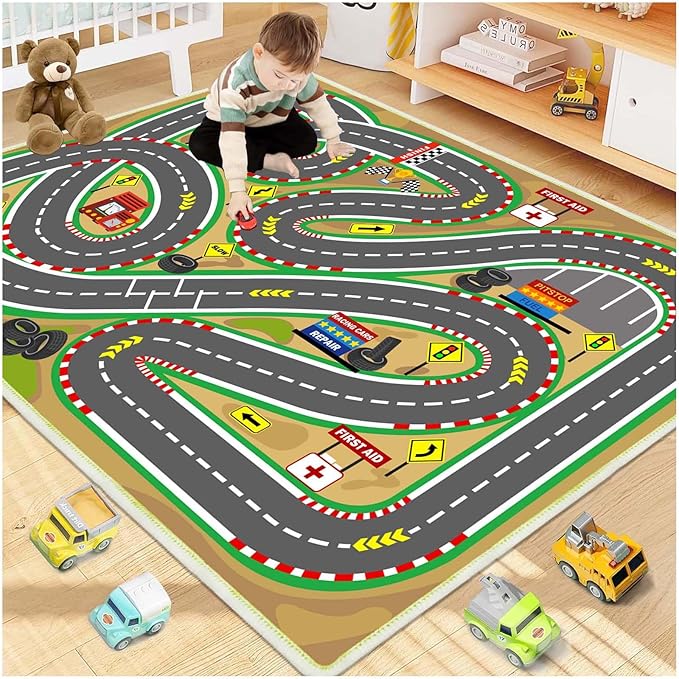 Kids Rug Play mat Playroom Rugs Car Rugs for Kids Toy Cars Race Track for Classroom Rug (Race-Brown, 3.3x4.9ft)