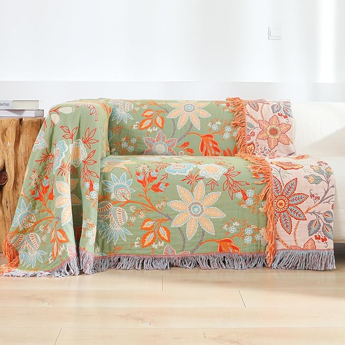 Boho Fall Throw Blanket for Bed，100% Ultra Cotton Soft Breathable Bed Throw Floral Printed Farmhouse Decor Rustic Bed Throws for Couch Sofa Quilt 60" x 80"-Orange& Sage Green