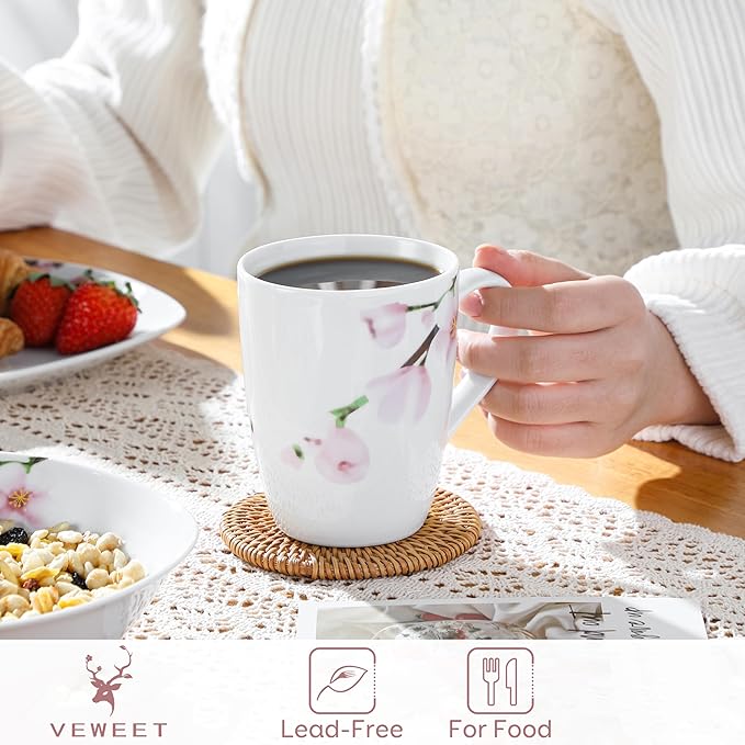 VEWEET Coffee Mugs Set of 6, 11 OZ Coffee Cups Set with Handle, Floral Mug Sets Ceramic Cup Set for Kitchen, Microwave & Dishwasher Safe, Series ANNIE