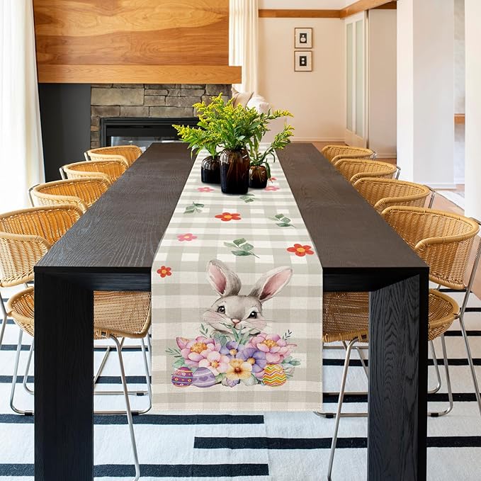 Easter Table Runner 13x72 Inch Bunny Rabbit Flowers Leaves Buffalo Plaid Eggs Seasonal Holiday Kitchen Dining Table Decoration for Indoor Kitchen Dining Home Party Decor