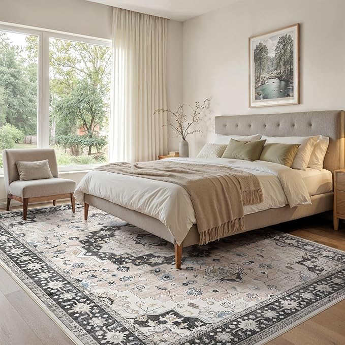 Washable Area Rugs for Living Room - 9x12 Neutral Vintage Distressed Floral Farmhouse Boho Large Soft Floor Rug Indoor Non Slip Carpet for Bedroom Dining Room Office - Pink/Dark Green