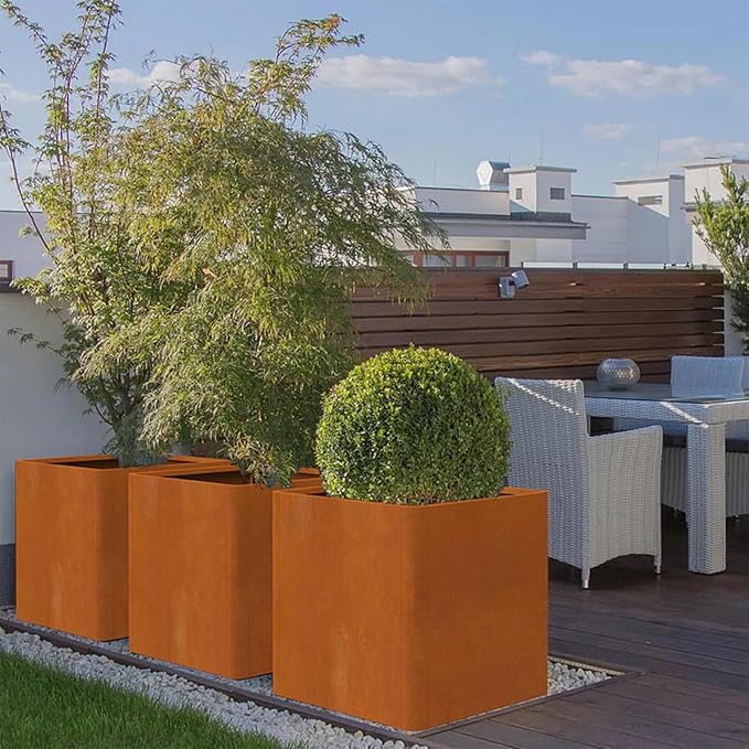 Corten Steel Large Square Planter 26"x26"x26, Cube Metal Planter Pot with Drainage Holes for Outdoor, Large Flower Pots for Patio Deck and Yard