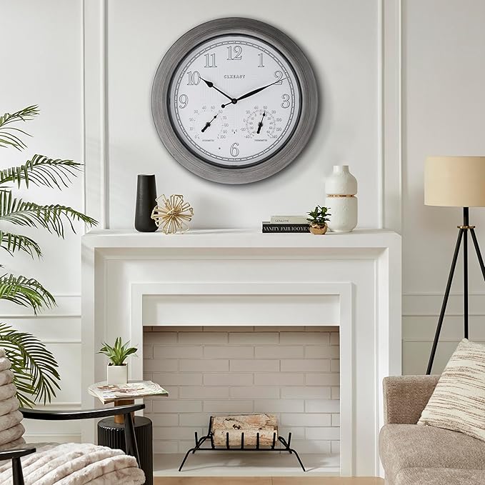 CLXEAST 18 Inch Farmhouse Illuminated Outdoor Atomic Wall Clock with Thermometer & Hygrometer Combo, Night Lighted Wall Clock with Smart Sensor, Weather Stations,Brushed Grey Oak Finish