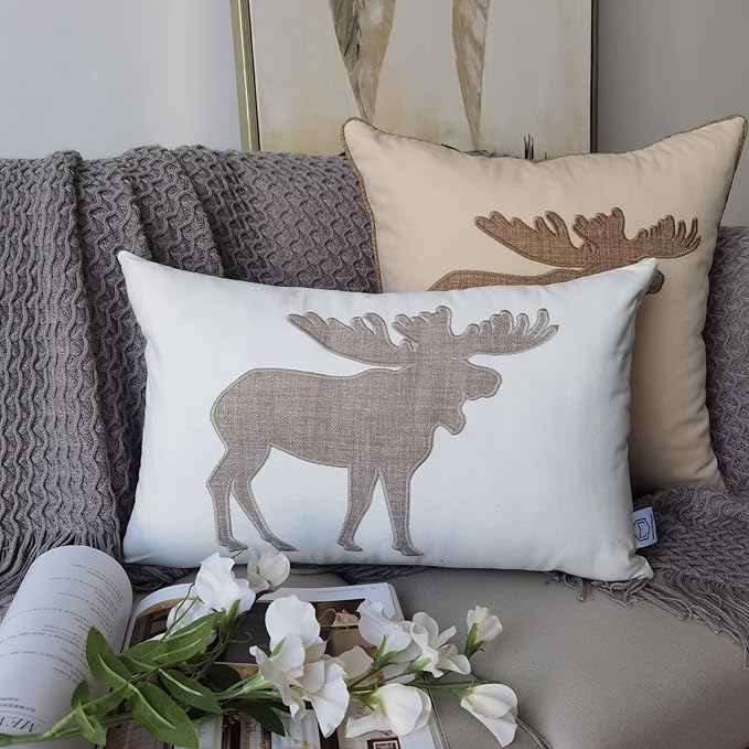Lumbar Pillow Covers 12x20 Inches Moose Decorative Cotton Linen Throw Lumbar Waist Embroidered Cushions Covers for Couch Sofa Bedroom (White)