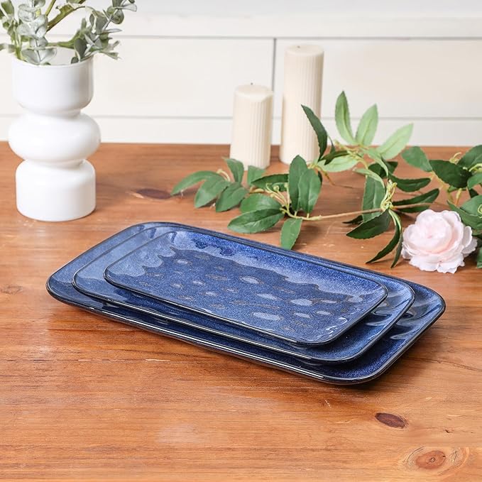 vicrays Ceramic Rectangle Serving Platters - 14" 12" 10" Porcelain Serving Trays Plates for Party BBQ Appetizers Sushi Dessert - Microwave Oven and Dishwasher Safe - Set of 3 Blue