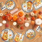 Fall Party Decorations,144Pcs Fall Thanksgiving Tableware Set Includes Plates,Napkins,Knife,Fork Black and White Buffalo Plaid Pumpkin Theme Decorations for Autumn Harvest,Thanksgiving Day