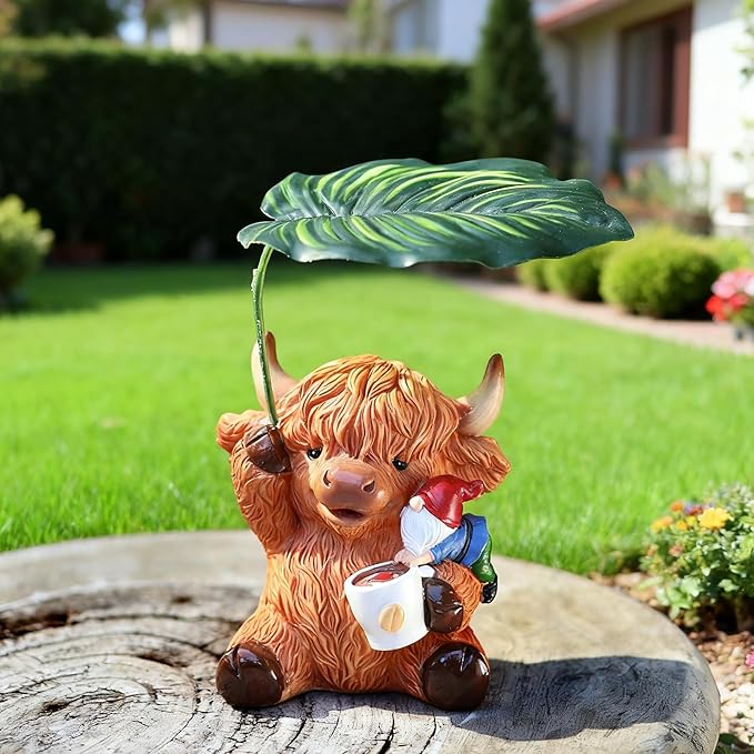 Garden Gnome with Highland Cattle 6.5“ Figurine Ornament for Indoor Outdoor Home Patio Yard Lawn, Red Hat, Blue Outfit, Indoor Outdoor Decorative Statue