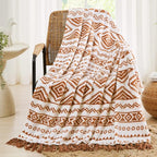 CASAAGUSTO Boho Throw Blanket - Terrcotta Decorative Blankets with Tassel, Printed Flannel Bohemian Blanket for Chair, Bed, Sofa, Couch(50 * 60, Terrcotta)