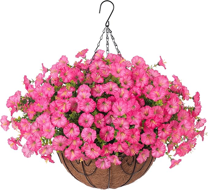 Artificial Faux Hanging Plants Flowers Basket for Outdoors Outside Spring Summer Decoration, Silk Pink Morning Glory in Planter UV Resistant Look Real Fake Flowers for Porch Patio Balcony Home Yard