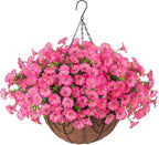 Artificial Faux Hanging Plants Flowers Basket for Outdoors Outside Spring Summer Decoration, Silk Pink Morning Glory in Planter UV Resistant Look Real Fake Flowers for Porch Patio Balcony Home Yard