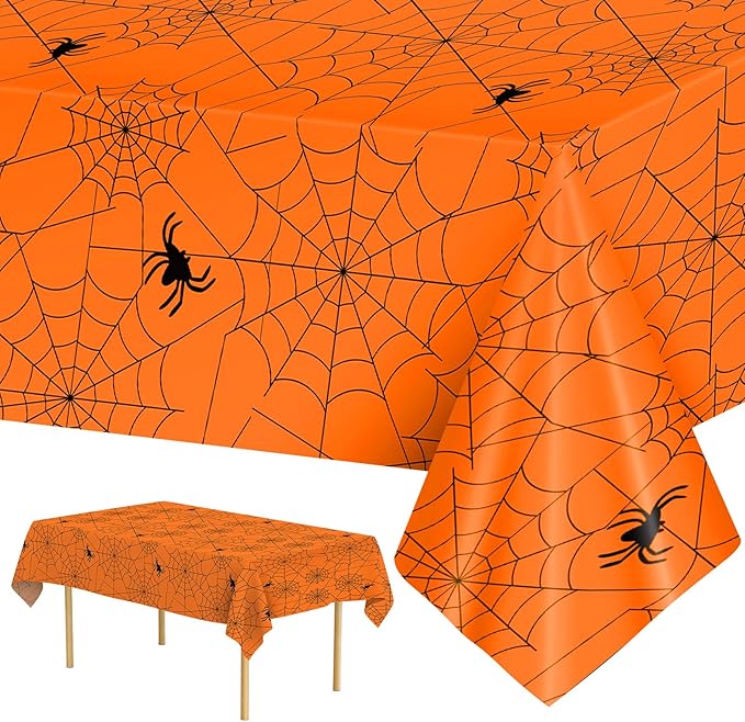 2 Pcs Halloween Tablecloth - Plastic Halloweens Spider Webs Table Cloth, Orange Disposable Rectangle Spiderweb Table Cover for Halloween Party Decorations Supplies Favors Tables Decor, 108 x 54 Inch