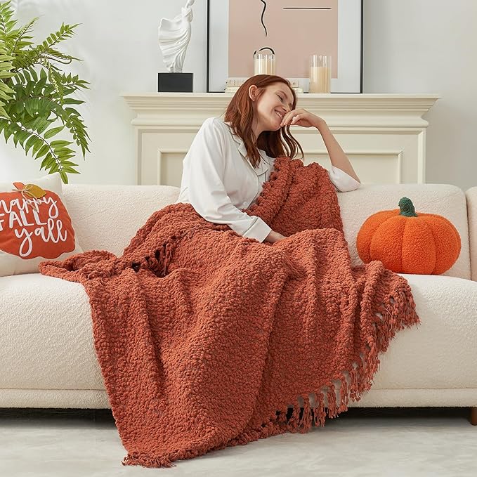 Amélie Home Knit Throw Blanket with Tassels for Couch, Luxury Boho Throw Blanket for Summer Orange, 50"x60"
