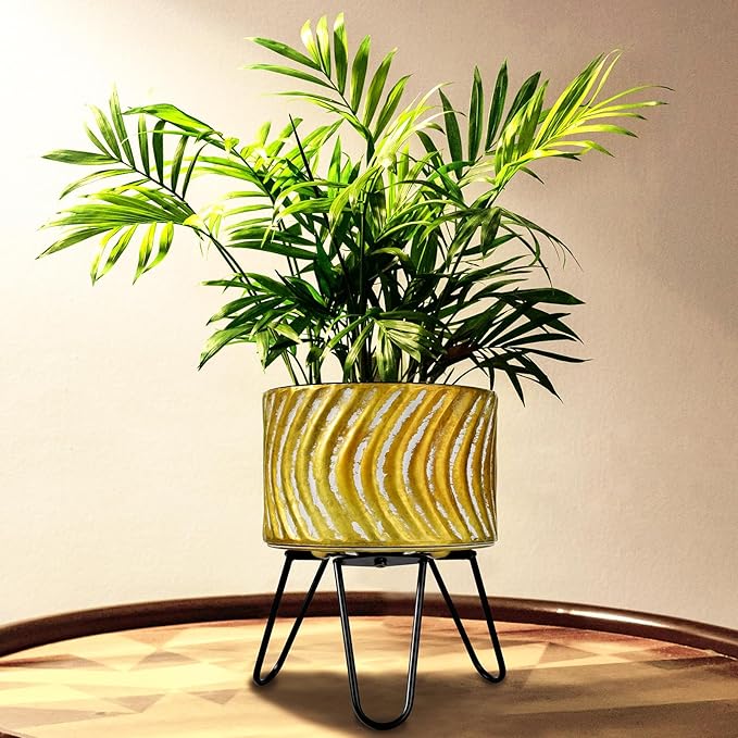 Harvest Land Plant Pots with Stand, Set of 2 Large Modern Planters Metal Tall Handmade Flower Pots with Drainage Holes Indoor Outdoor,Gold