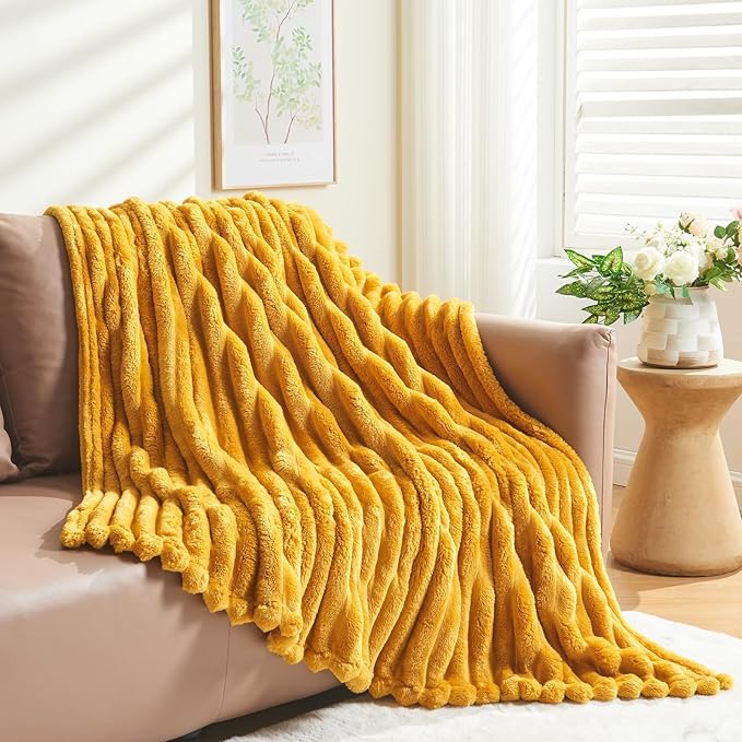 NEWCOSPLAY Super Soft Throw Blanket Mustard Yellow Premium Silky Flannel Fleece 3D Ribbed Jacquard Lightweight Bed Blanket All Season Use (Mustard Yellow Ribbed, Throw(50"x60"))